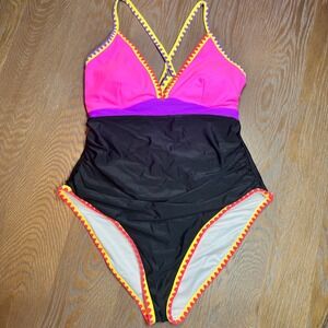 Popvil XL Colorblock One Piece Swimsuit Ruched V-Neck Ric-Rac Trim Neon NWT